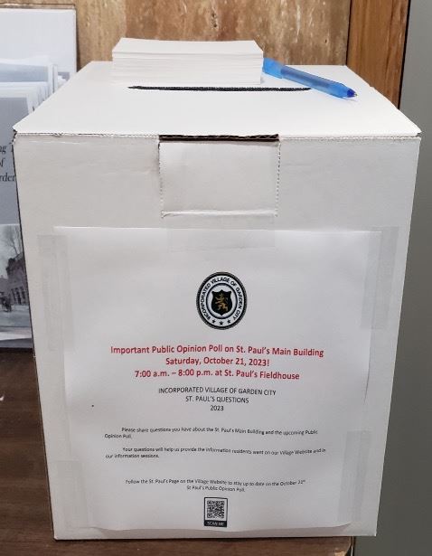A white box for residents to drop Qs about St. Paul's and the public opinion poll in.