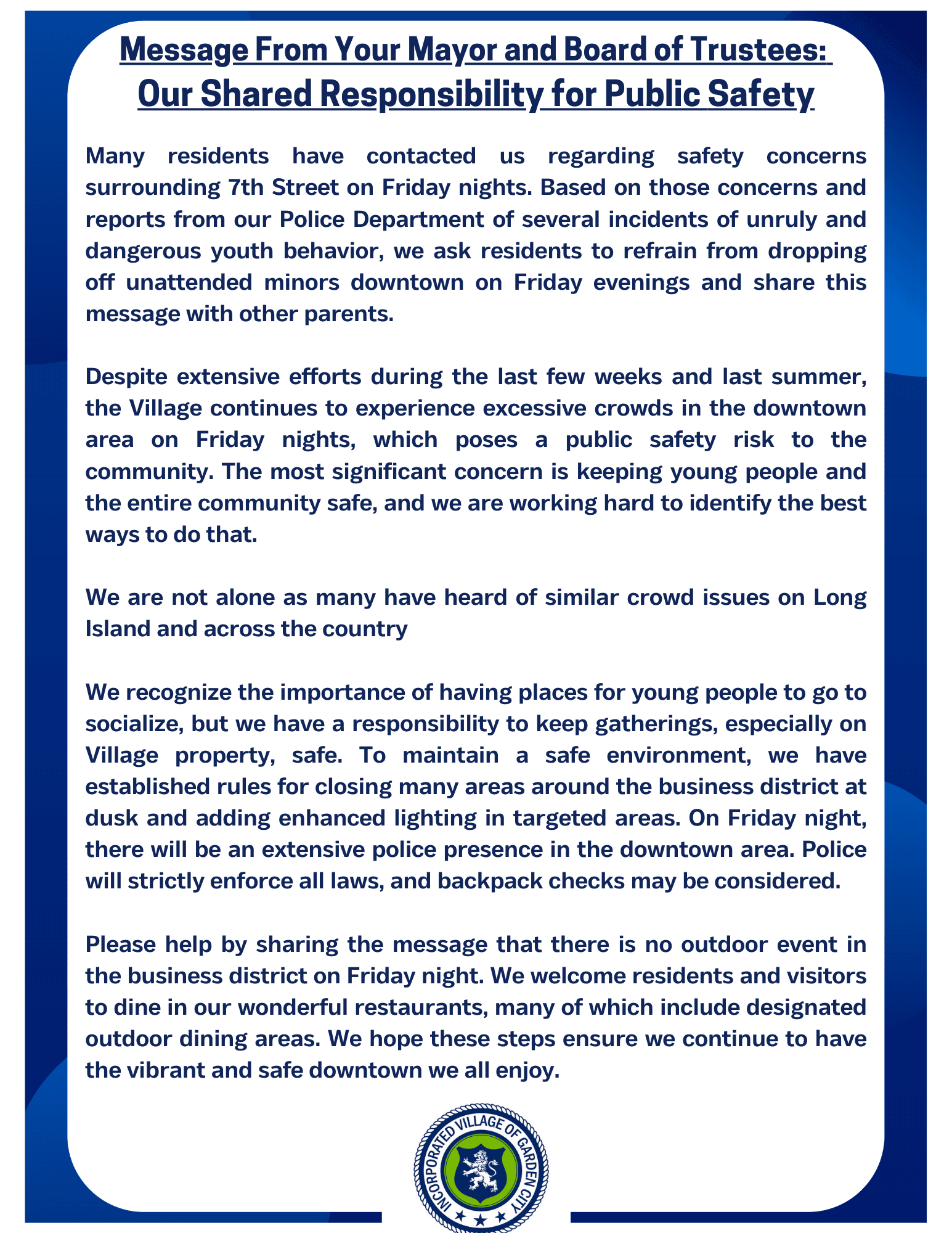 Message from Your Mayor and Board of Trustees Regarding Public Safety